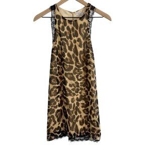 Tobi Animal Print Eyelash Lace Trim Sleeveless Mini Dress Black Tan Extra Small